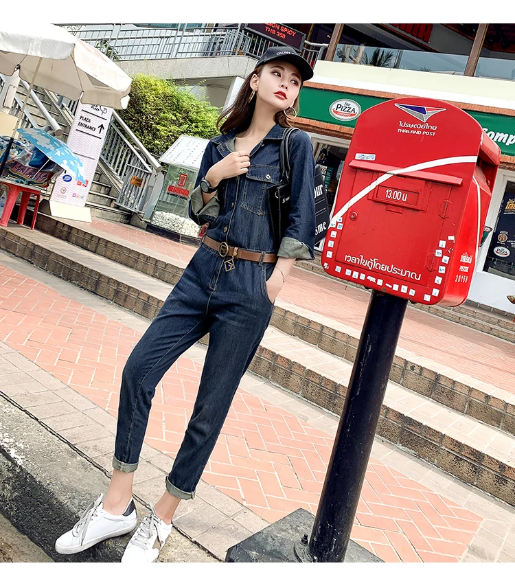 2019 Spring Jumpsuit for Women Ankle-Length High Street Turn-down Collar Denim Jumpsuits with Pocket Size M L XL 2XL 2019 Spring Jumpsuit for Women Ankle-Length High Street Turn-down Collar Denim Jumpsuits with Pocket Size M L XL 2XL