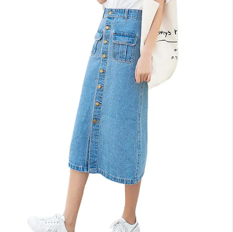 Light Blue Однобортная джинсовая юбка, женские летние сексуальные винтажные юбки до колена с высокой талией - Цвет: Light Blue