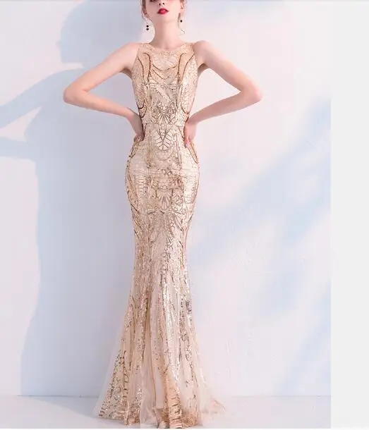 

Gold Sequins Sleeveless Long Dress Women's Birthday Celebrate Bright Dress Nightclub Party Costume Women Singer DJ Show Dress