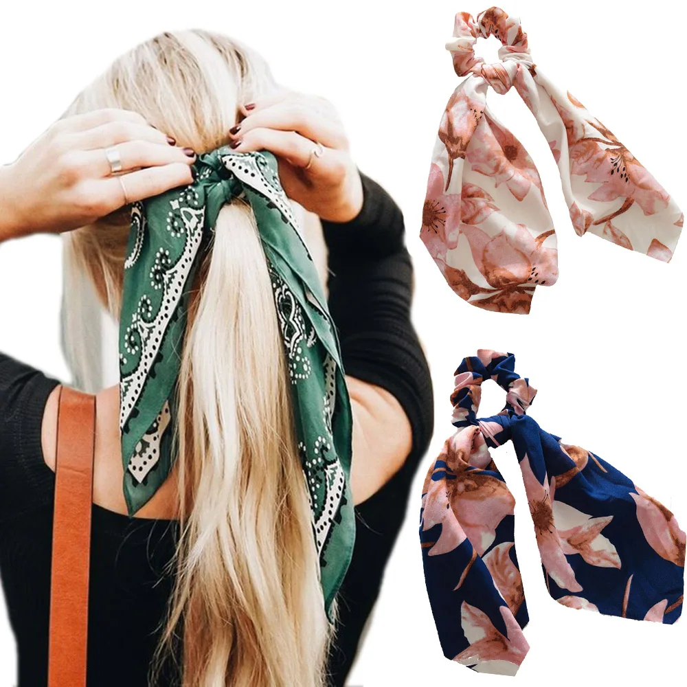 

2019 Summer Bow Streamers Hair Rope Women Flower Ribbon Elastic Hairbands Scrunchies Horsetail Tie Headwear Hair Accessories