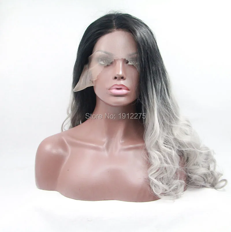 

hot selling gray lace front wig synthetic body wave hair heat resistant black color heat resistant fiber free shipping