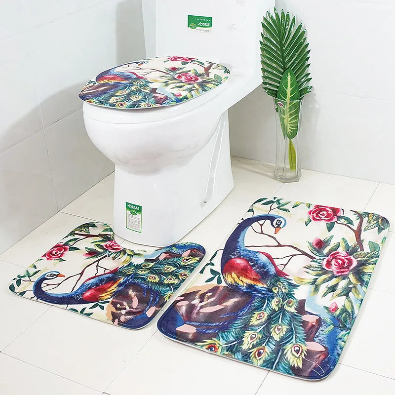 

New style Three-Pieces Flannel Bathroom Floor Mat Set with Peacock Printing Toilet Cover and Rugs Non-Slip Bathroom Carpet set