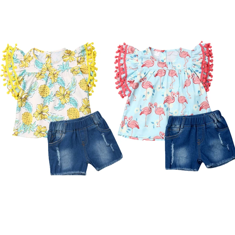 

1-6Y Toddler Kid Girl Summer Clothes Sets Tassel Short Sleeve Pineapple T-shirt Top Denim Shorts Outfit Set Clothes