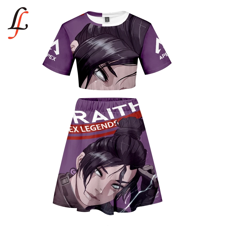 Apex Legends 3D Sexy Two Piece Sets Short Sleeve T-shirt and Short Skirt Piece Kpop Girl Casual Pop Style Sets