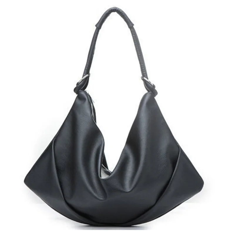 Soft PU Leather Fashion Hobo Bag Ladies Simple Pleated Black Bag Trendy font b Handbag b