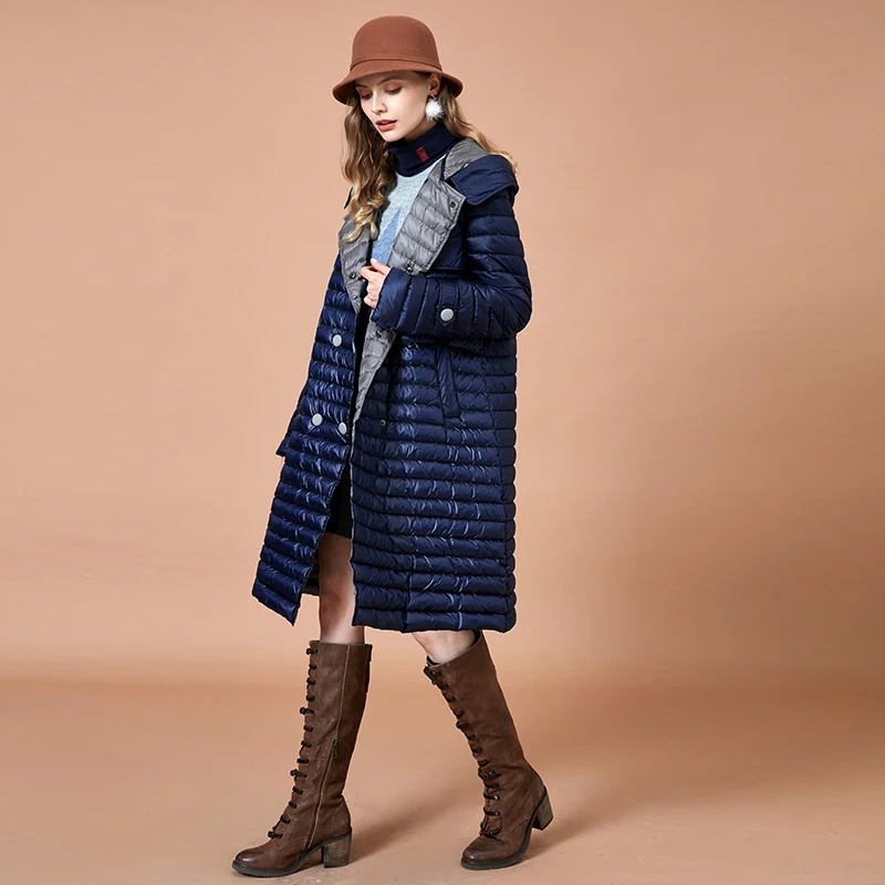 

ARTKA 2018 Autumn and Winter Women Striped Long 90% White Duck Warm Down Coats Double Breasted Thin Hooded Parkas YK10585D