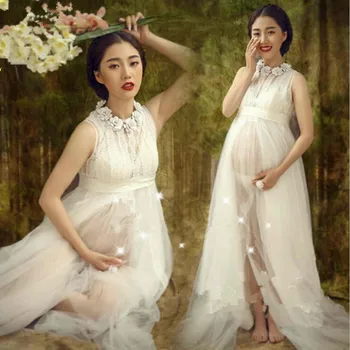 

Royal Style White Maternity Lace Dress Pregnant Photography Props Fancy Pregnancy maternity photo shoot long dress Nightdress