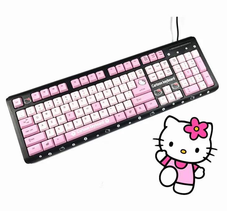 Розовая hello kitty HELLOKTCAT клавиатура USB Проводная Милая для девочек ультра-тонкая компьютерная USB клавиатура для настольных девочек - Цвет: Черный