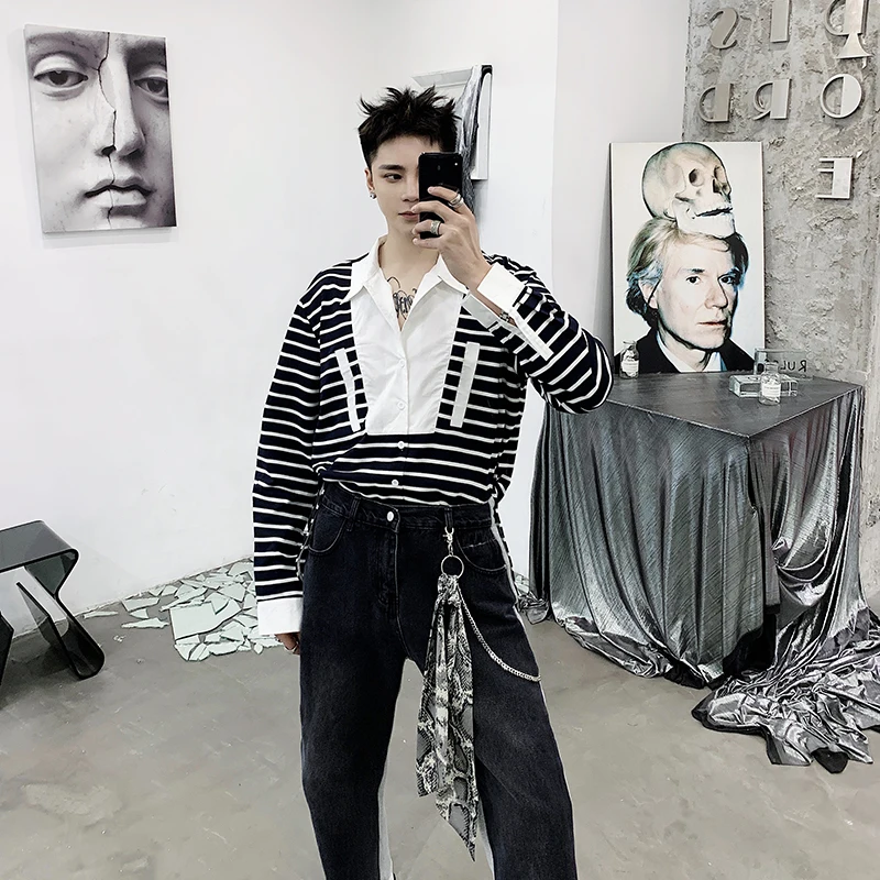 

Men before short after long personality loose Hong Kong style male striped long sleeve shirt t shirt Korean fashion handsome.
