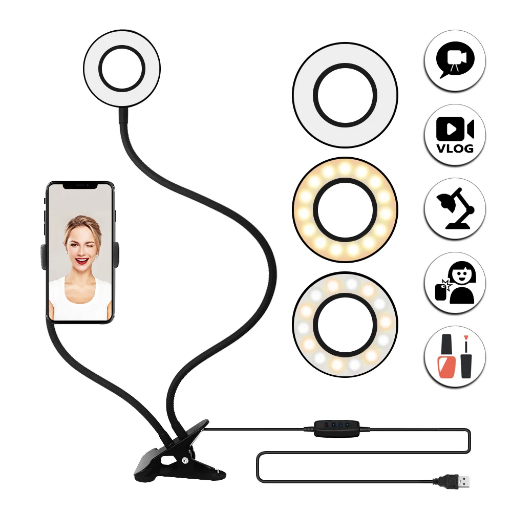 Travor светодиодный кольцевой светильник для селфи с держатель для мобильного или сотового телефона для Youtube Live Stream макияж кольцо лампа для iPhone Android - Цвет: Черный