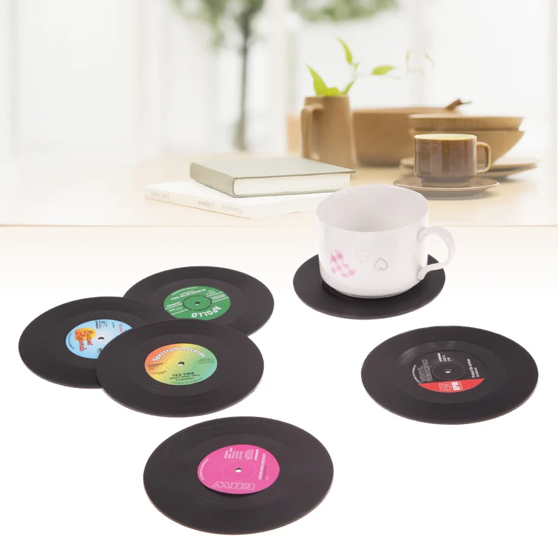 

6Pcs Useful Vinyl Coaster Cup Drinks Holder Mat Tableware Placemat CD Record Drinks Coaster Kitchen Accessories