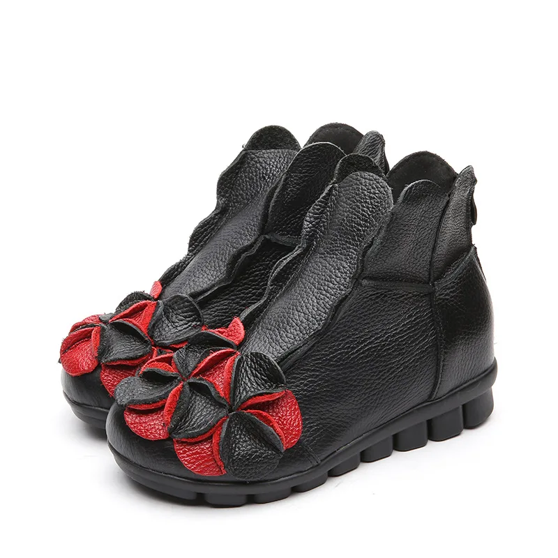 Xiuteng/Коллекция года; сезон осень-лето; женские ботинки из натуральной кожи для мам; винтажные ботильоны ручной работы с цветами; Botines; женская обувь на плоской подошве - Цвет: Blavk