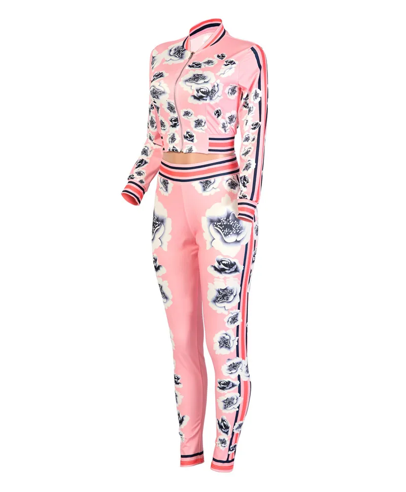 Модные спортивные костюмы для женщин с длинным рукавом, комплект из двух предметов, куртка с цветочным принтом+ женские штаны для бега, розовый женский спортивный костюм