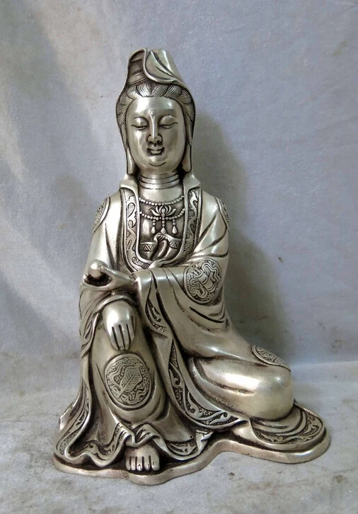

10" China Silver Buddhism Kwan-yin Bodhisattva Guanyin Buddha Statue Sculpture