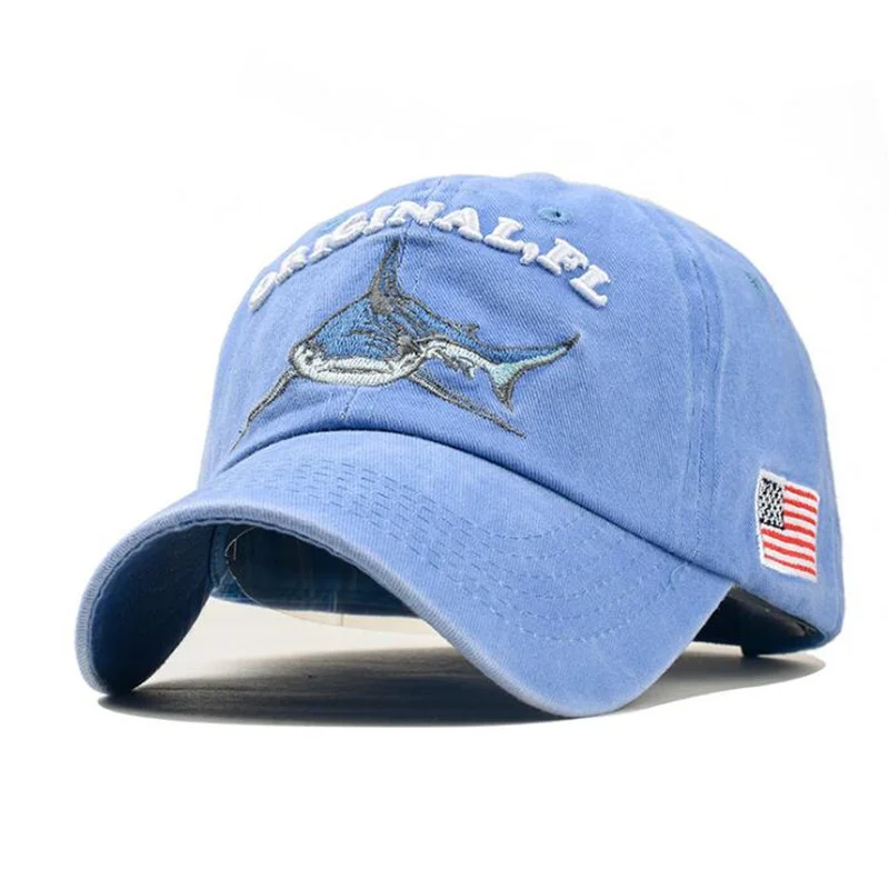 

Vintage Washed Denim Snapback Caps Embroidered Shark Baseball Caps Men Outdoor Fishing Cap Cotton Casual Unisex Hat Dad Hat H3