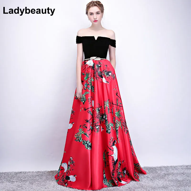 2018 New Flower Pattern Evening Dress Long Vintage Prom Party Dresses Evening Gown Women Formal Occasion Dress
