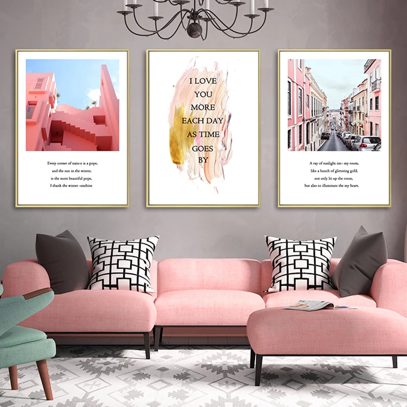 

Nordic Poster Pink Building Wall Art Canvas Painting Love Quotes City Landscape Print Decoration Wall Pictures for Living Room