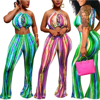 

Wantmove 2019 new summer women jupsuit sexy printed hanging neck wrapped chest hollow out top wide leg trousers jumpsuit WM648