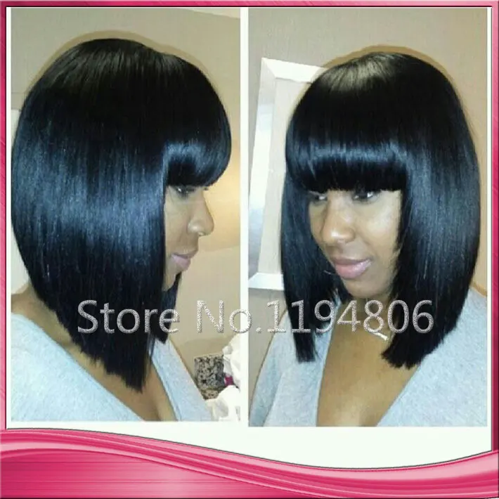 Free shipping lace front human hair bob wig with full bangs for ...