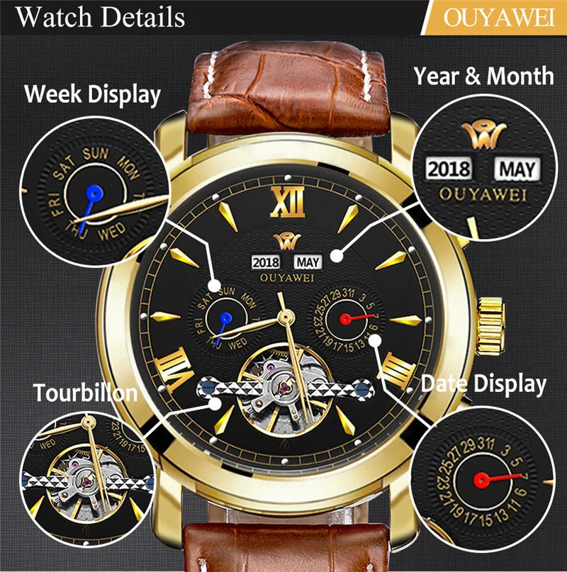 Mechanical Watch Mens Top Brand Luxury Tourbillon Men's Automatic Mechanical Watches Wristwatch Leather watch relogio masculino  (3)