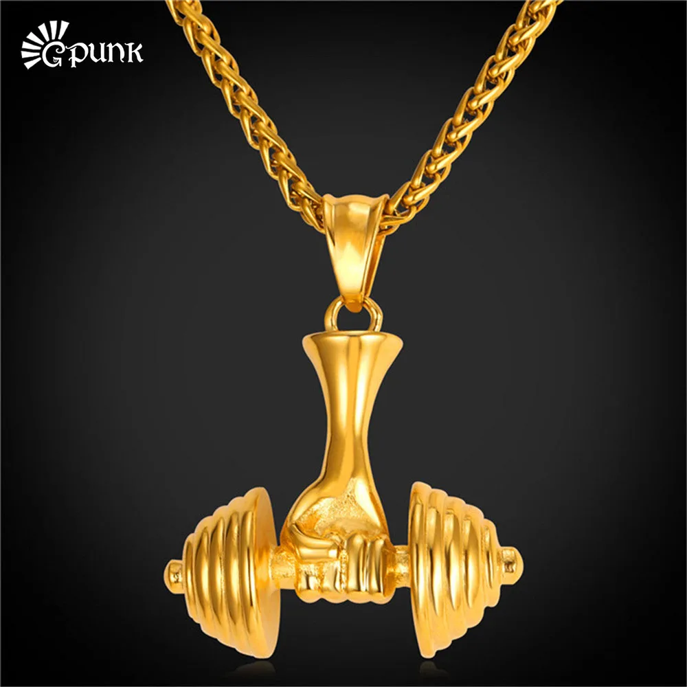 Men's Gold color Barbell pendant necklace men jewelry gift fitness Dumbbell necklace with