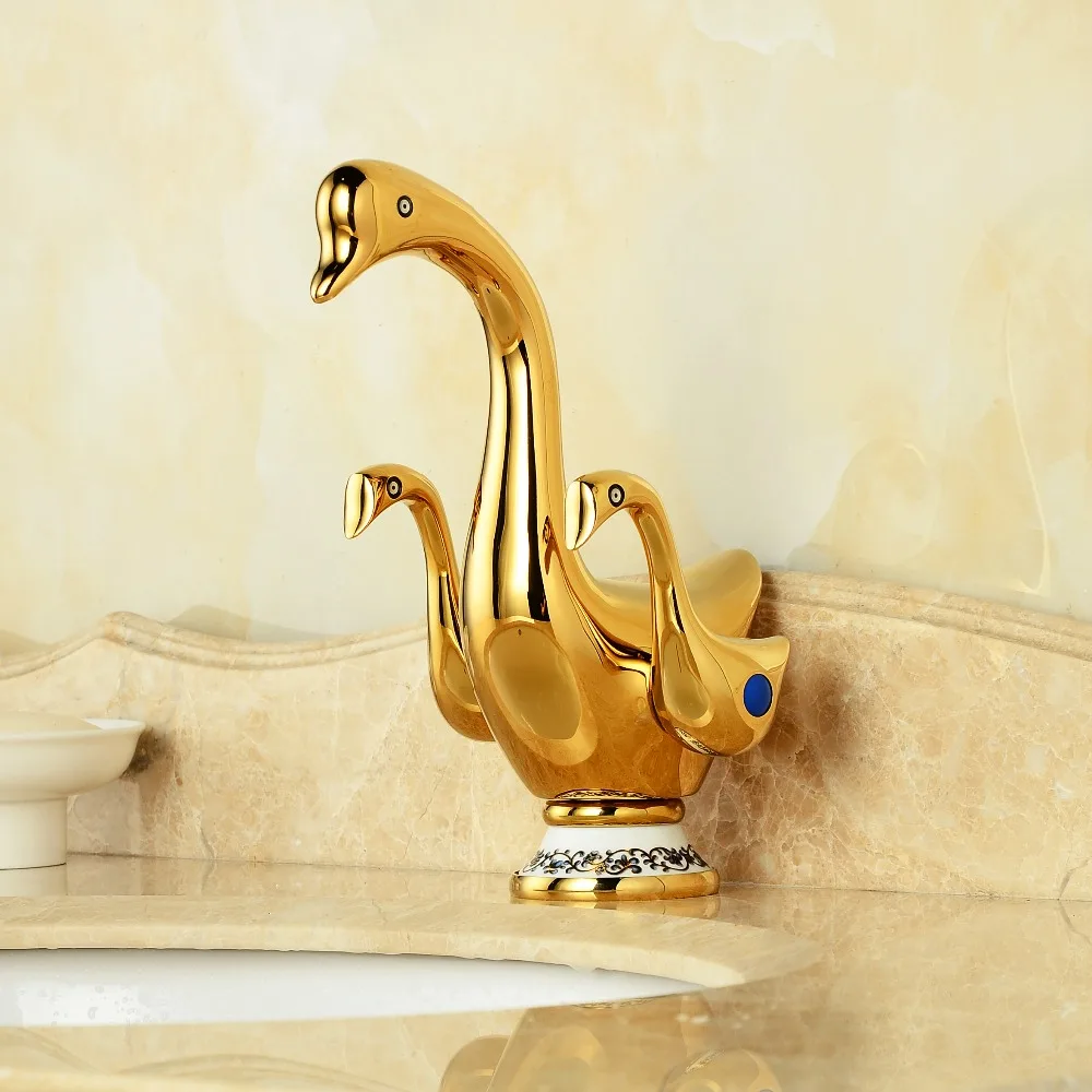 Swan Shape Gold Finish Bathroom Basin Faucet Dual Handles Vanity Sink