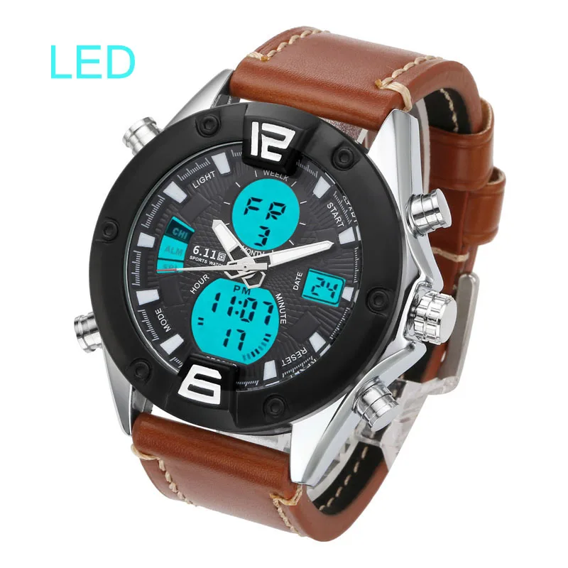 

6.11 Mens New Fashion Leather Watch Band Multifunctional Dual Display Outdoor Watch Waterproof LED Digital Watch Men Sport Watch