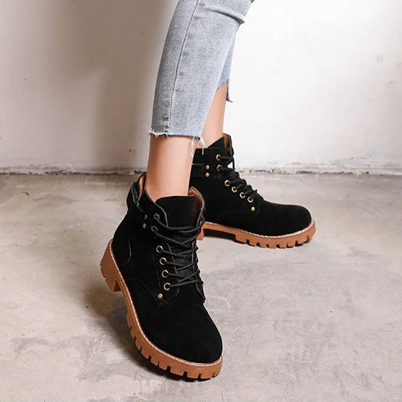

Women Flock Ankle Boots with Lace-Up Square Heel Bootie 2019 Fashion Spring Solid Round Toe Women Shoes Size 35-40 XWX7321