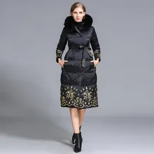 Зимняя куртка, женские пуховики, вышивка, цветок, Лисий мех, капюшон, парка, толстый женский пуховик, тонкая Длинная Верхняя одежда на утином пуху
