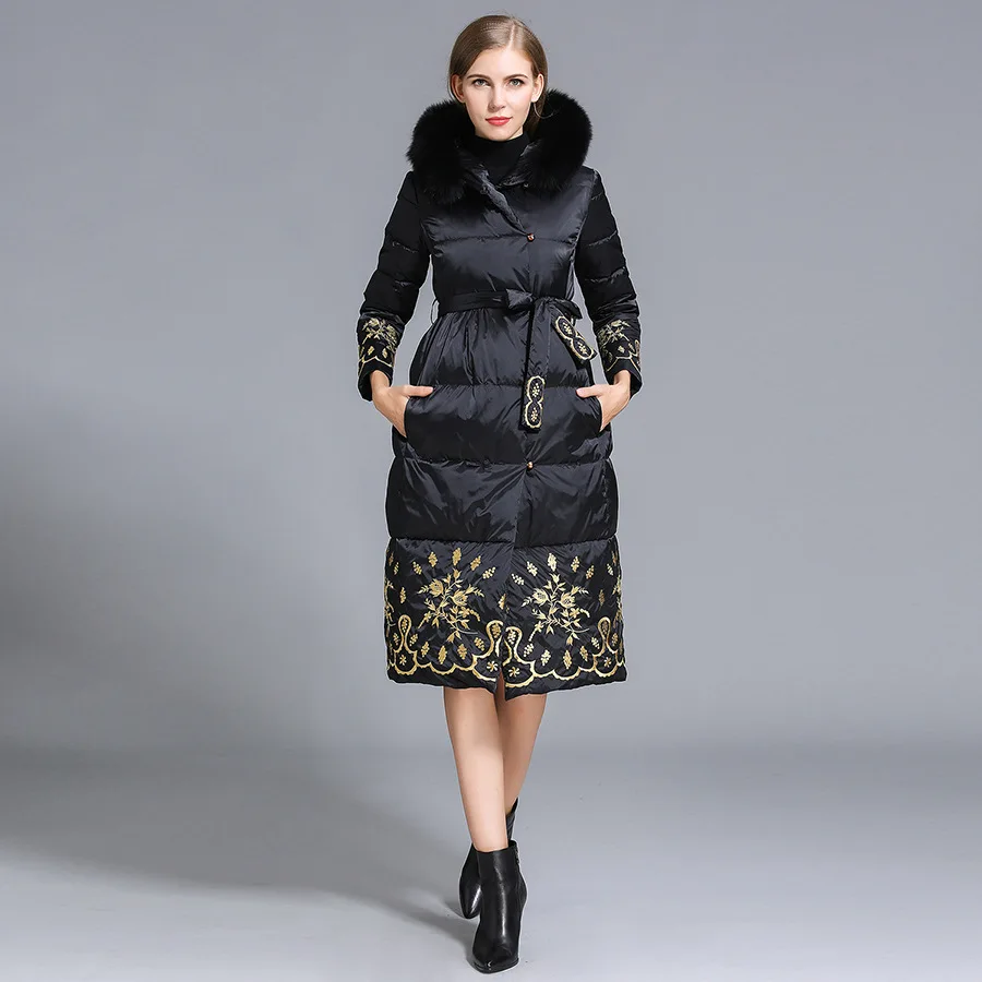

2016 winter Jacket Women Down Jackets embroidery Flower Fox Fur Hood Parka thick Women's down coat Slim long Duck down Outerwear