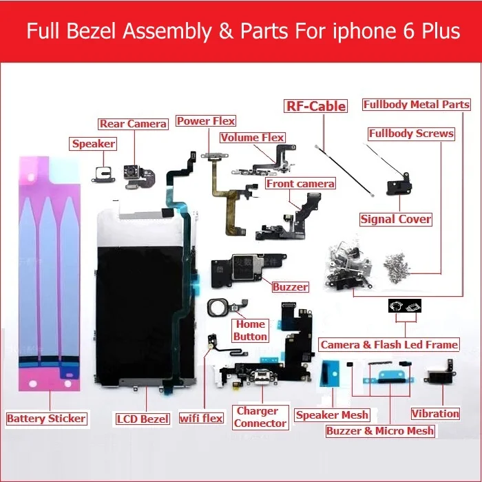 Полный комплект ободок в сборе для iPhone 6 plus зарядное устройство usb/ЖК-рамка/камера/динамик/винт/кронштейн/зуммер/дом и мощность flex