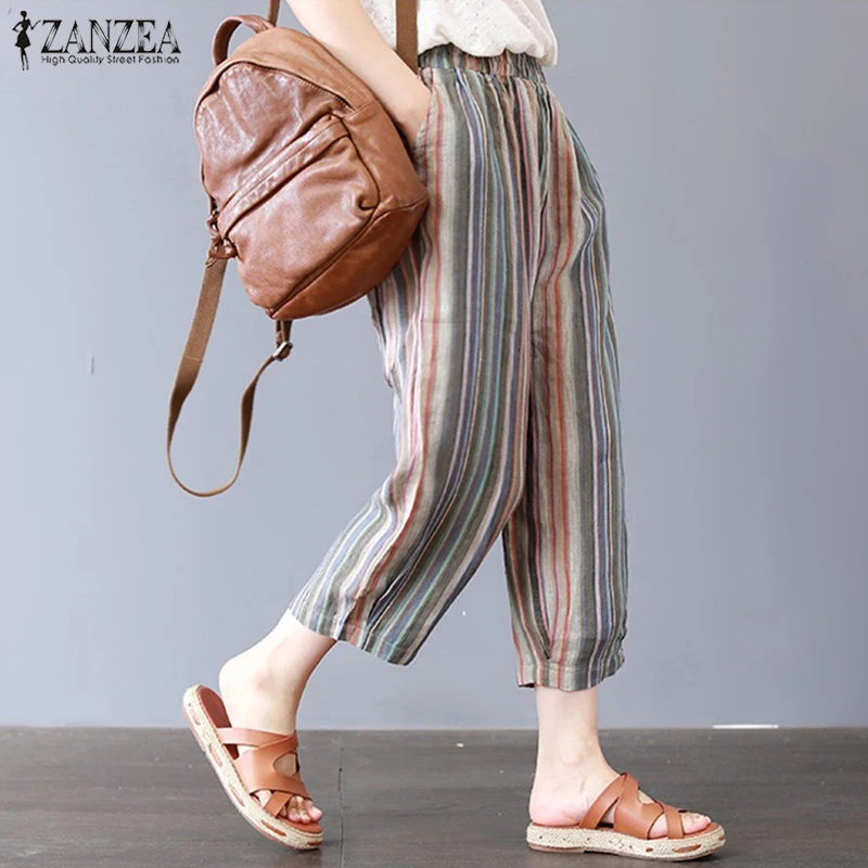 ZANZEA Women Elastic Waist Summer Harem Pants Wide Leg
