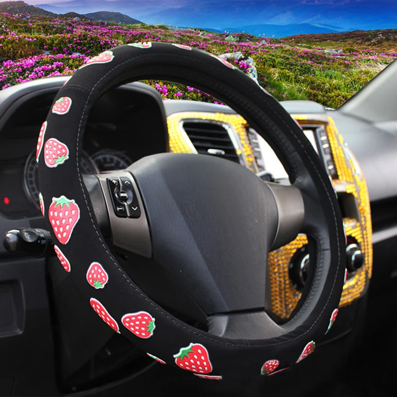 

38cm Car Steering Wheel Cover Sets Steering Wheel Cover Black Cartoon Flowers Comfortable Cloth Universal 4 Season
