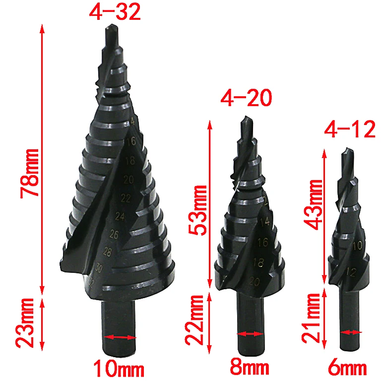 

Spiral Grooved Stepped Drills 4-12mm 4-20mm 4-32mm Hex Shank Nitriding Black Conical Cone Drill Bit for Power Tools