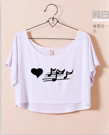 Модная свободная короткая Хлопковая женская футболка с коротким рукавом Wild Tops Music Note t-shirt - Цвет: white