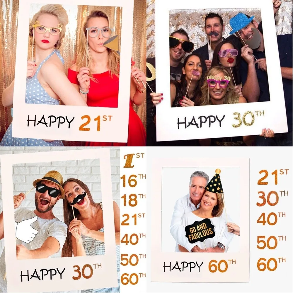 

1/16/18/21/30/40/50/60th 2019 Photo Frame Paper Pictures Happy Birthday Anniversary Cutouts Booth Props DIY Party Supplies Decor