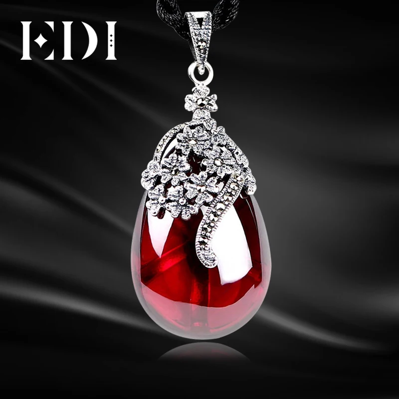 EDI 4.6*2.3cm Flower Shape Gemstone Garnet Pendants 925 Sterling Silver Natural Chalcedony Necklace For Women Jewelry