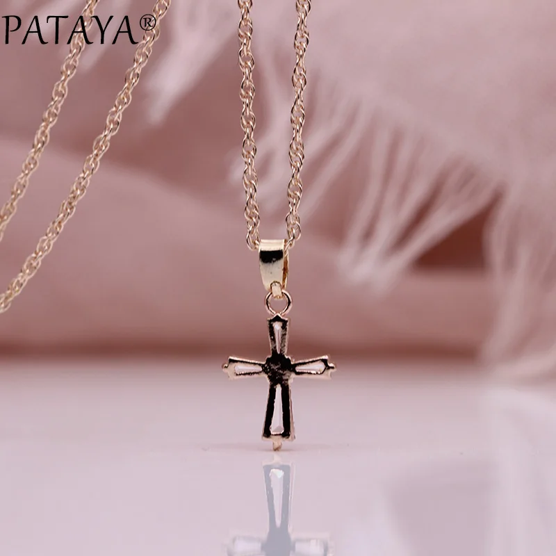 PATAYA, новинка, женские длинные ожерелья с крестом, 585, розовое золото, квадратные Подвески с натуральным цирконием, свадебные Изящные милые модные украшения