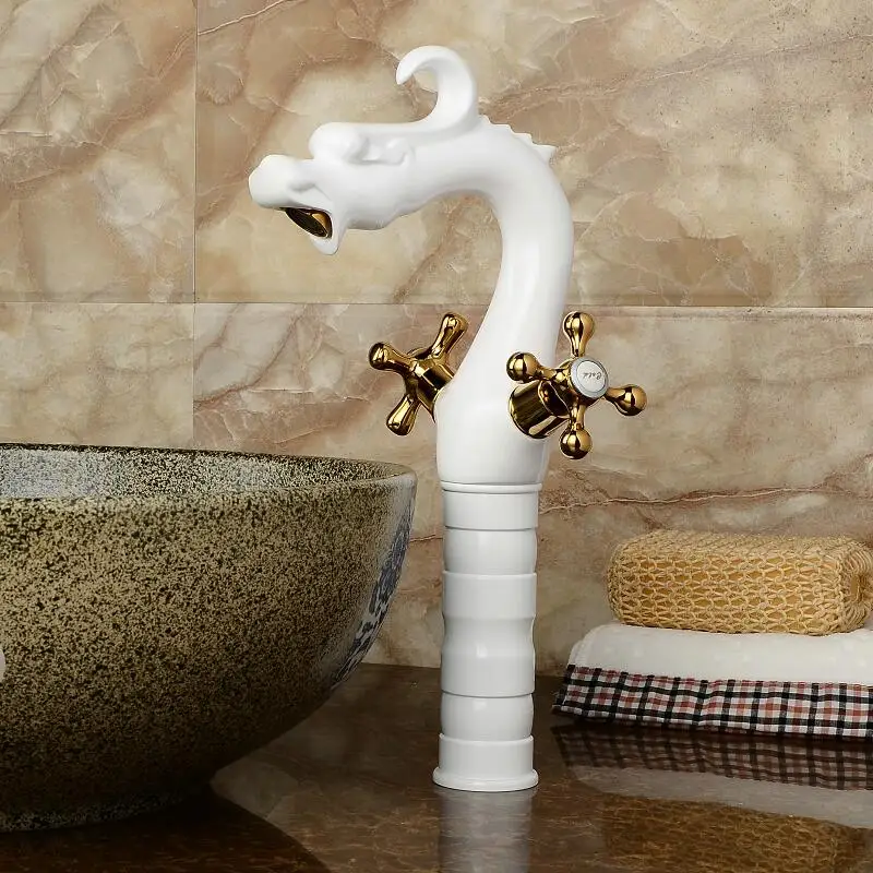 Смеситель для раковины в стиле дракона, кран для ванной комнаты, белый и золотой, смеситель для воды, кран для раковины, латунный кран для туалетной раковины, античный кран