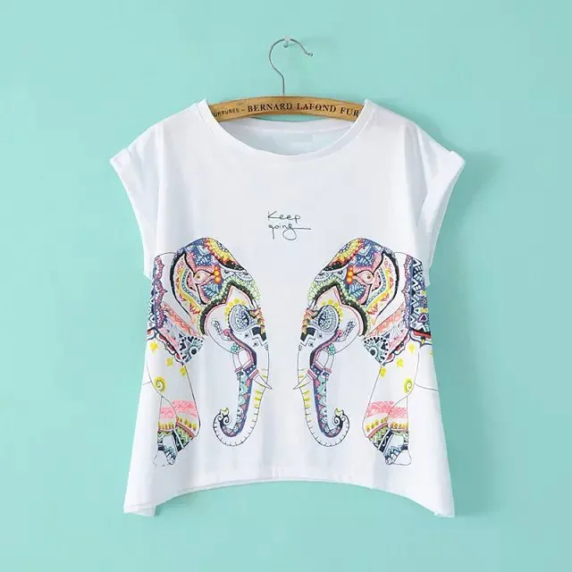 Summer 2015 Hot Sale Women Short Sleeve Graffiti Animal Elephant Print Casual T-shirt ZA Brand Loose Tees Tops | Женская одежда