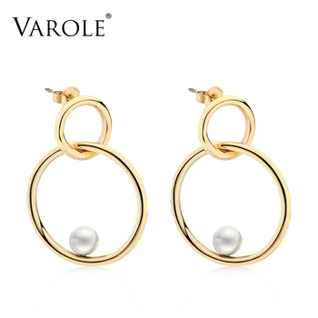 

Varole Simple Gold color Silver Plated geometric big round earrings for women fashion big hollow drop earrings jewelry
