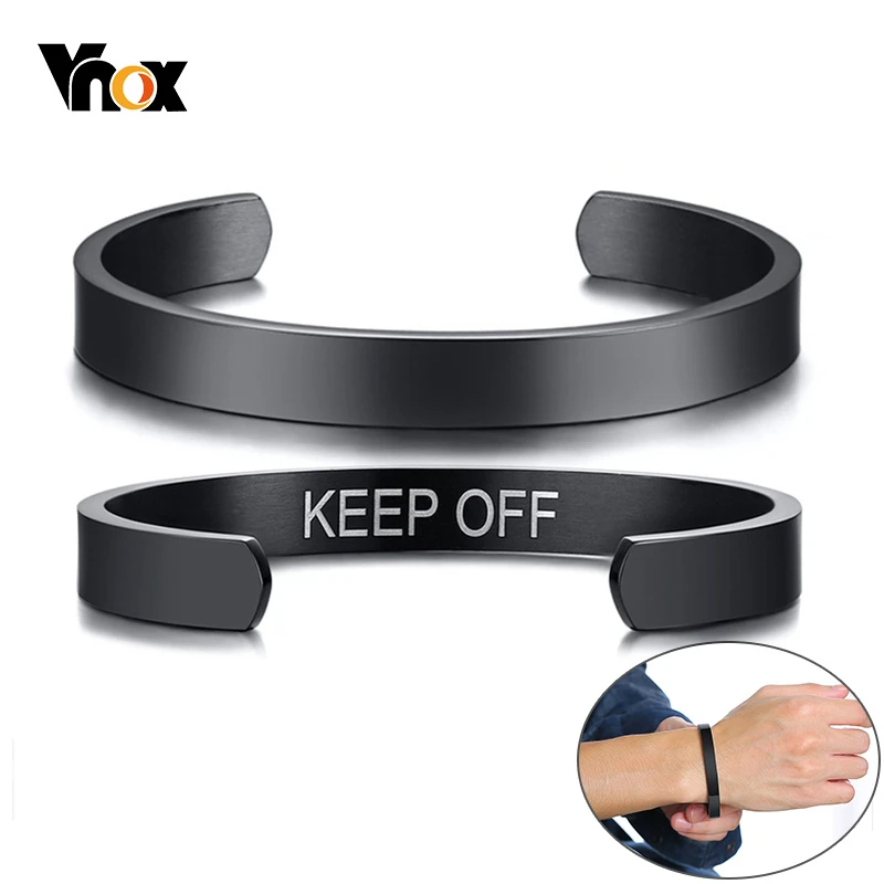 

Vnox Mens Black Inspirational Cuff Bracelets Bangles with Custom Words: KEEP OFF Keep Moving Forward Pass Positive Energy Gifts