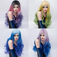 Модные дешевые косички челки длинные Косплей парики для женщин Радужный Омбре натуральные фиолетовые розовые синие волосы плетение синтетический волнистый парик