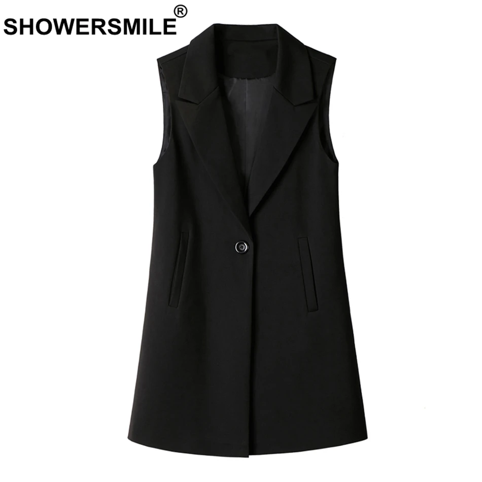 SHOWERSMILE Ladies Waistcoat Black Long Sleeveless Vest For Women Office Elegant Gilet Female Spring One Buttuon Clothing 2019