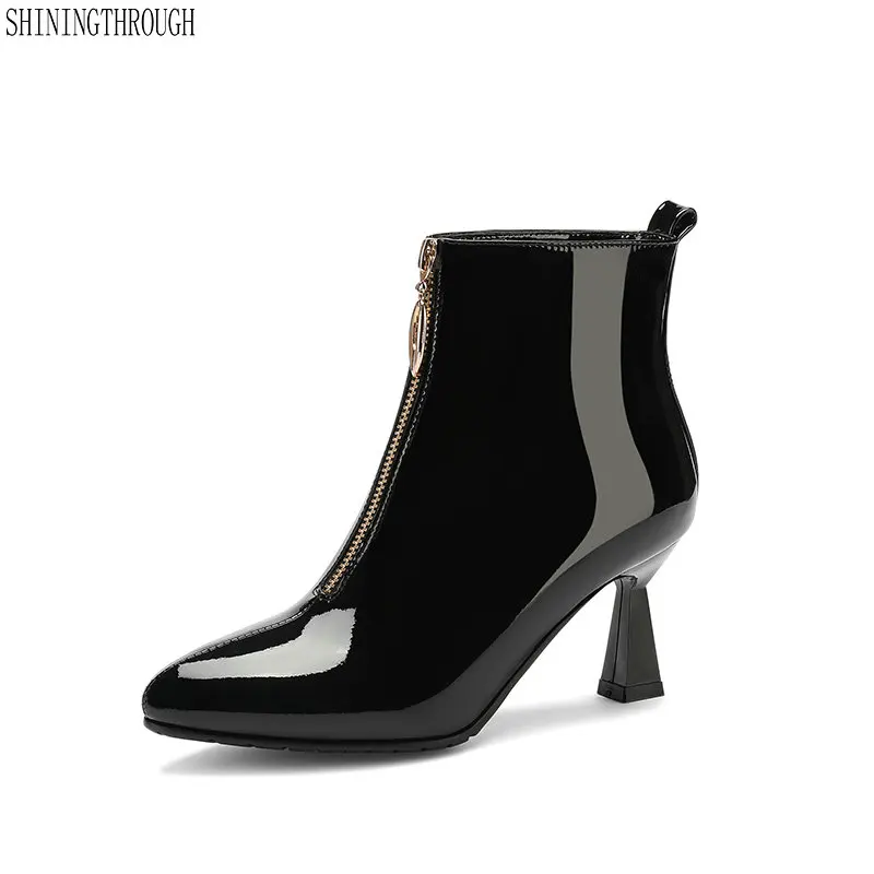 

Women Ankle Boots Autumn Winter Warm Genuine Leather High Heels Shoes Woman poined Toe Zipper Elegant Basic Boots size 41 42 43