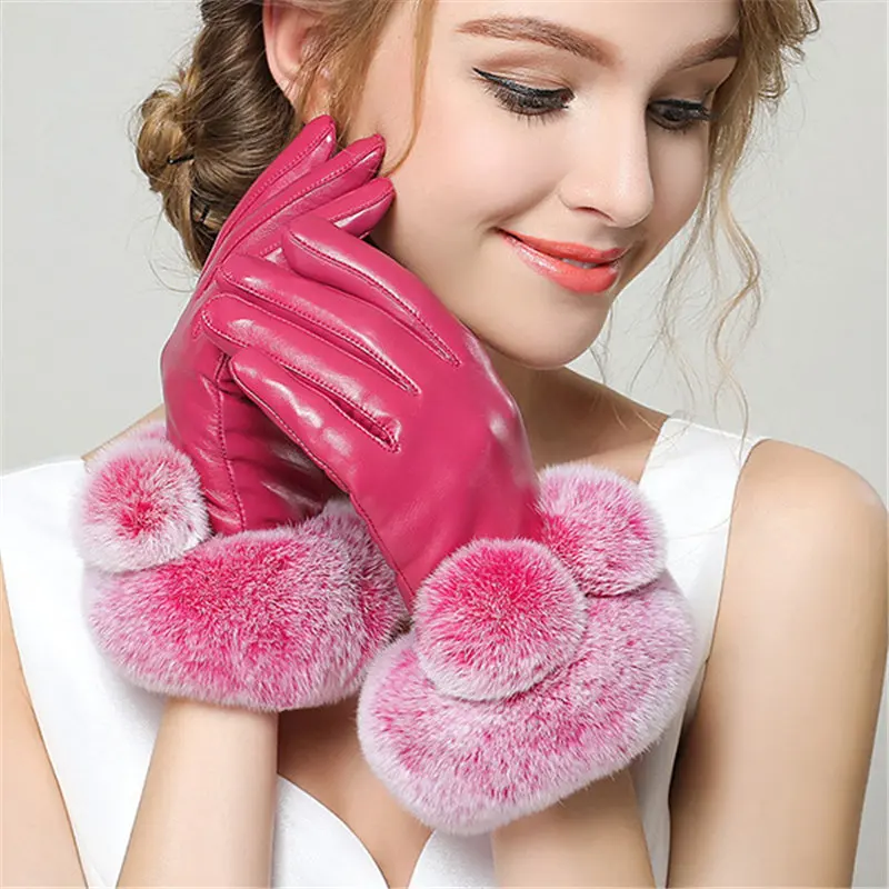 rose red Перчатки из натуральной кожи тачскрин женские зимние плюс бархатные перчатки из овчины модные трендовые перчатки для вождения запястья 3 цвета F8002 - Цвет: rose red