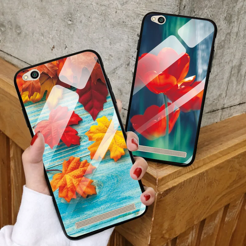 For Redmi 5A 6A 7A Maple Leaf Glass Case Cover 6 5 Plus Note 7 4 4X Back Covers K20 Pro Tempered Silicone Bumper |