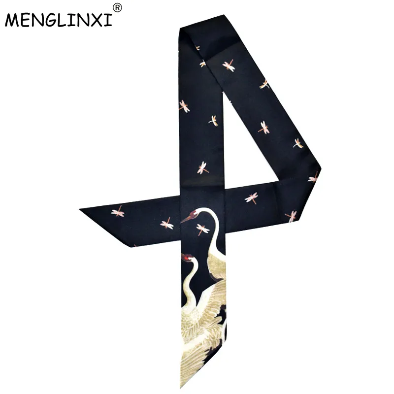 

Bag Scarf 2020 New Brand Letter Small Silk Scarf For Women Red-crowned Crane Print Head Scarf Handle Bag Ribbons Long Scarves