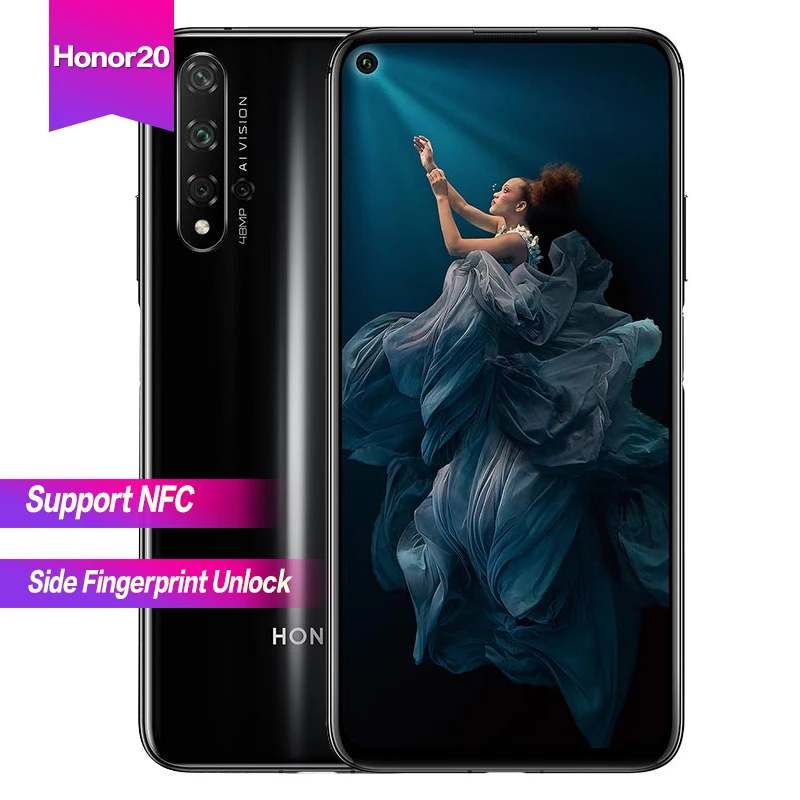 

Honor 20 6.26"Full Screen Android 9 Support NFC 5cameras 2340*1080 Octa Core 3750mAh Super Charge Side fingerprint unlock