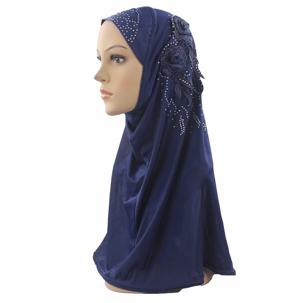 

Muslim Hijab 1 piece Amira Headscarf Ice Silk Material Beautiful Embroidery of Two Flowers for Women